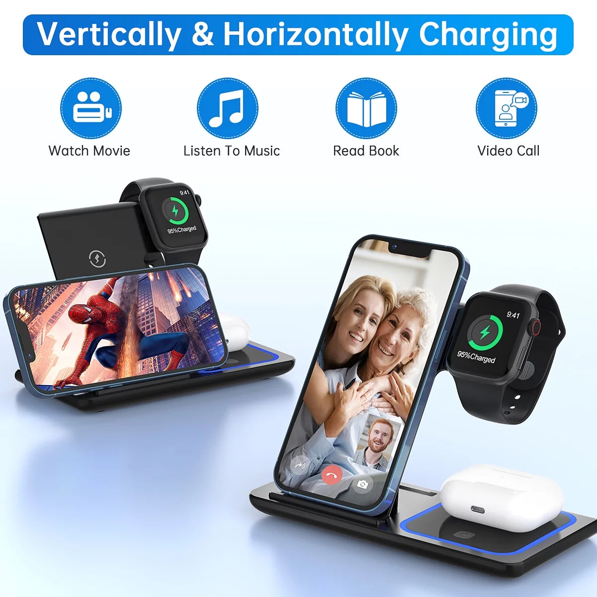 3 in 1 Wireless Charger, 18W Fast Charger Pad Stand Charging Station Dock for Iwatch Series SE 8/7/6/5/4/3 Airpods Pro/3/2 for Iphone 15/14/13/12 /11/Pro Max/12 Pro /XR (With QC3.0 Adapter) - Digital Haven