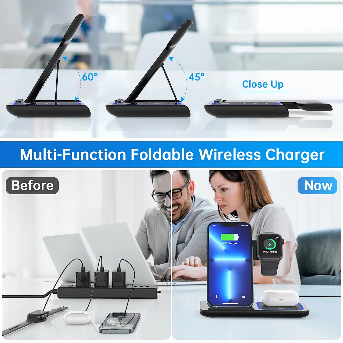 3 in 1 Wireless Charger, 18W Fast Charger Pad Stand Charging Station Dock for Iwatch Series SE 8/7/6/5/4/3 Airpods Pro/3/2 for Iphone 15/14/13/12 /11/Pro Max/12 Pro /XR (With QC3.0 Adapter) - Digital Haven