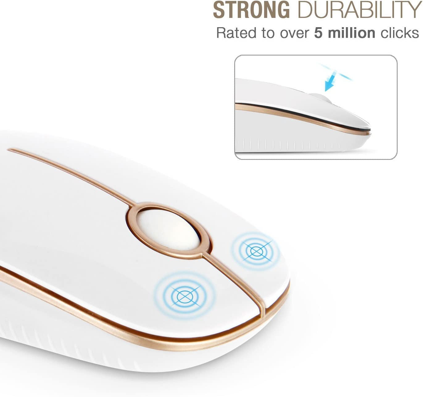 Wireless Mouse, 2.4G Slim Portable Computer Mice with Nano Receiver for Notebook, PC, Laptop, Computer (White and Gold) - Digital Haven