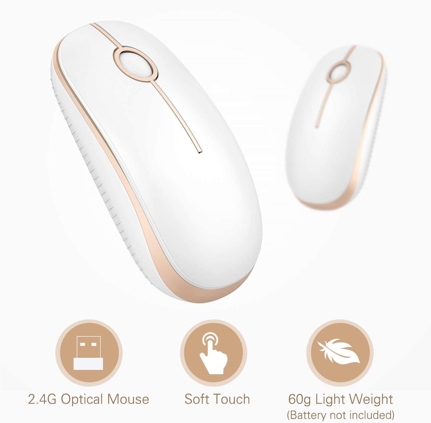 Wireless Mouse, 2.4G Slim Portable Computer Mice with Nano Receiver for Notebook, PC, Laptop, Computer (White and Gold) - Digital Haven