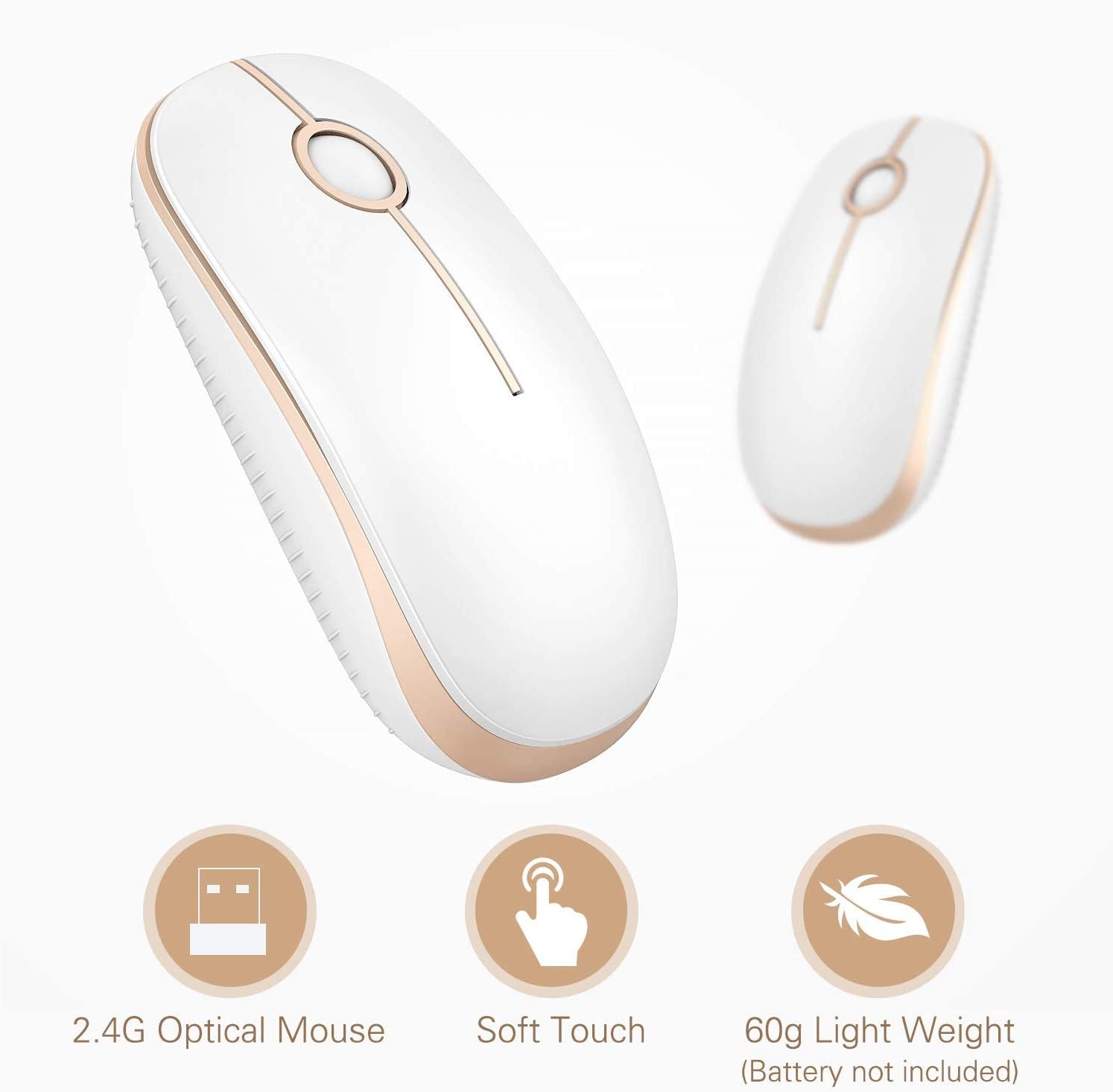 Wireless Mouse, 2.4G Slim Portable Computer Mice with Nano Receiver for Notebook, PC, Laptop, Computer (White and Gold) - Digital Haven