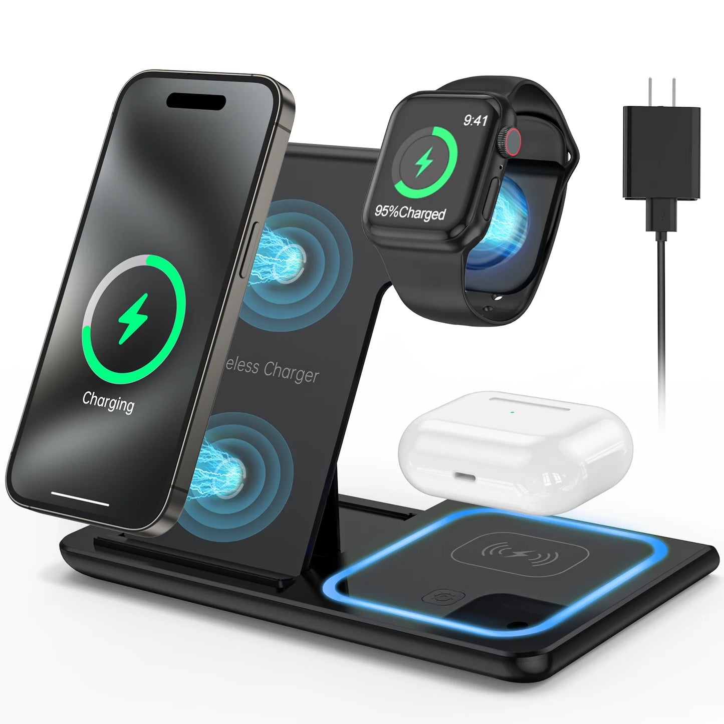 3 in 1 Wireless Charger, 18W Fast Charger Pad Stand Charging Station Dock for Iwatch Series SE 8/7/6/5/4/3 Airpods Pro/3/2 for Iphone 15/14/13/12 /11/Pro Max/12 Pro /XR (With QC3.0 Adapter) - Digital Haven