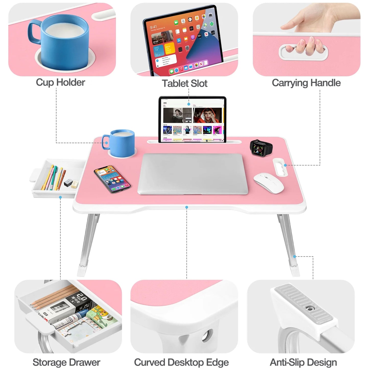Large Lap Desk for Bed | Laptop Table, Portable Desk, Bed Laptop Desk, Bed Table for Laptop | Floor Table, Floor Desk for Adults (Pink) School Supplies
