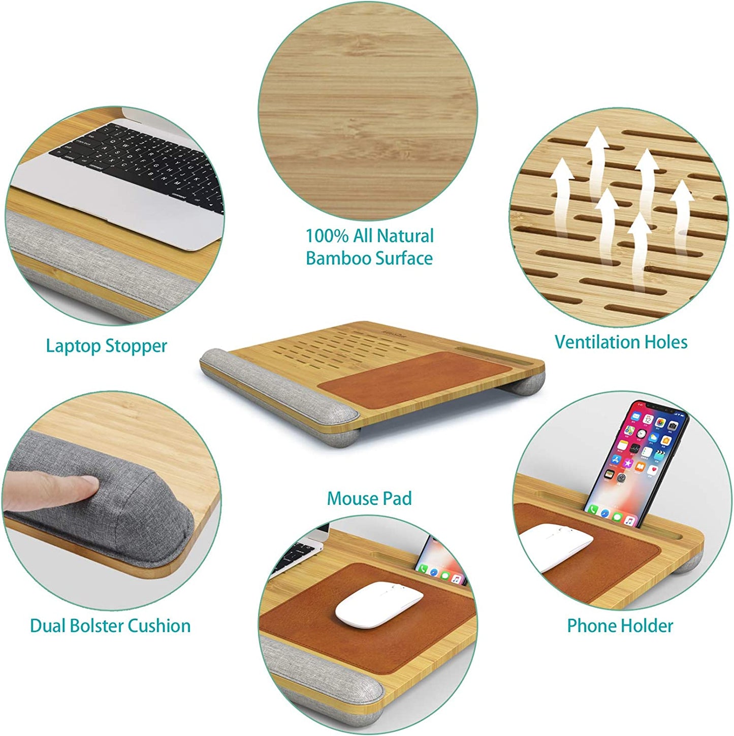 Laptop Desk, Bamboo Lap Desk for Laptop, Laptop Pad with Vent Holes, Built in Mouse Pad & Device Ledge, Pen & Phone Holder -Fits up to 17 Inches Laptop Desks