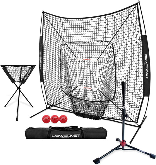 7X7 DLX Practice Net + Deluxe Tee + Ball Caddy + 3 Pack Weighted Ball + Strike Zone Bundle | Baseball Softball Coach Pack | Pitching Batting Training Equipment Set | 7' X 7'