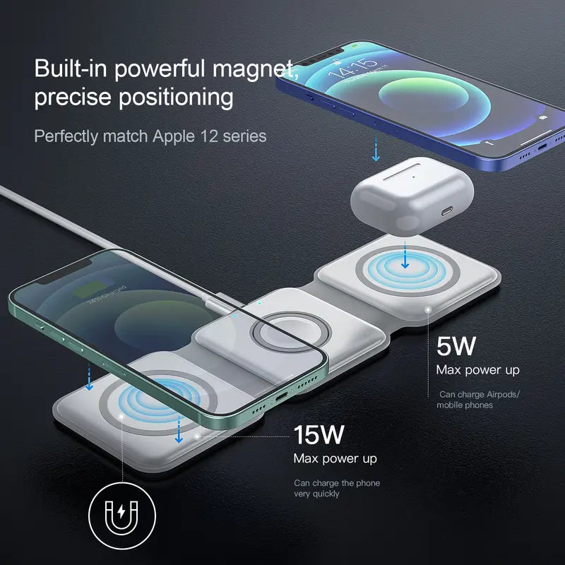 OMG! Nano 3 in 1 Wireless Charger for Iphone,Magnetic Foldable 3 in 1 Charging Station,Travel Charger for Multiple Devices for Iphone 15/14/13/12 Series,Airpods Pro,Iwatch Smartphone Electronic Pad Cellphone