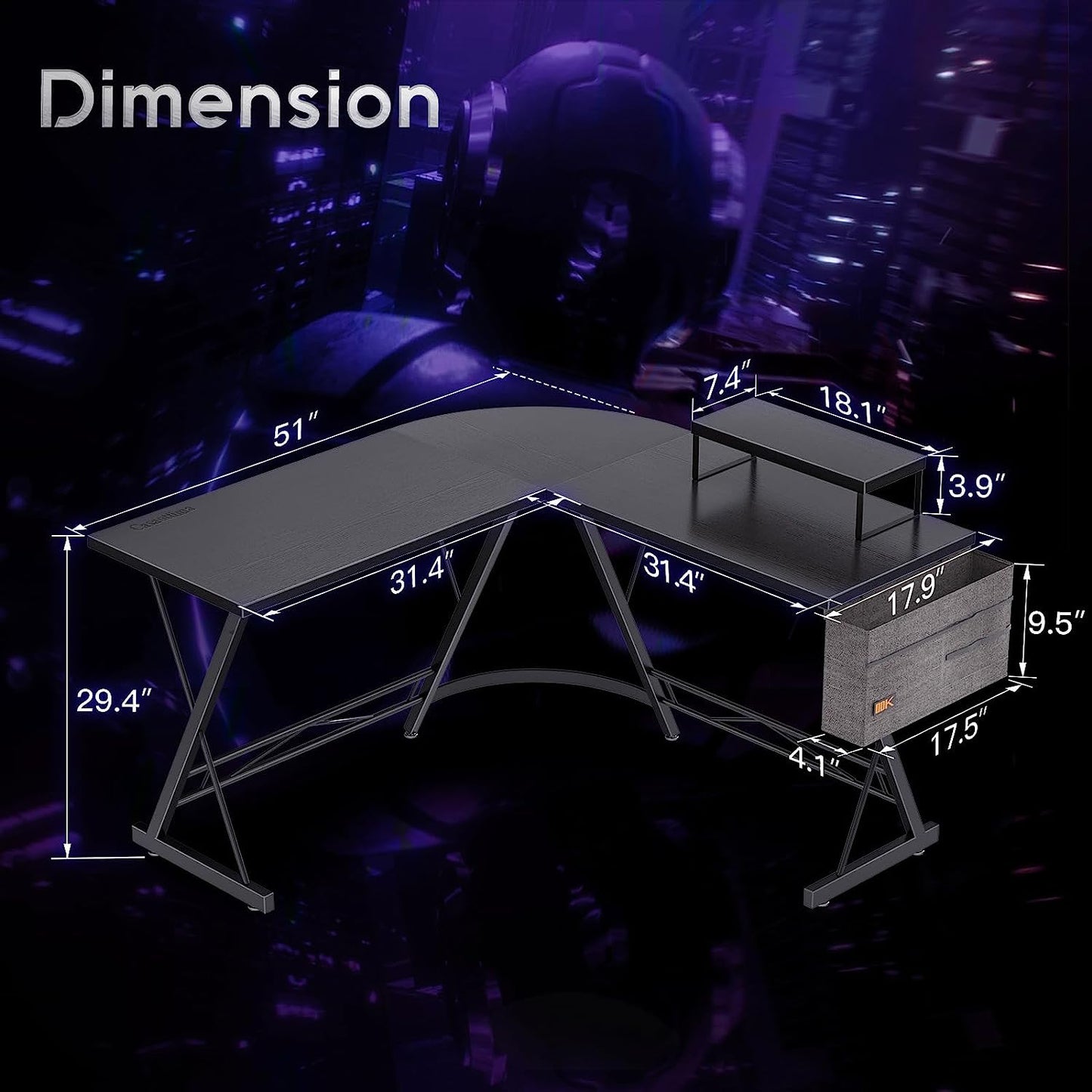 L Shaped Gaming Desk, Home Office Desk with round Corner, Computer Desk with Large Monitor Stand Desk Workstation, 51 Inches