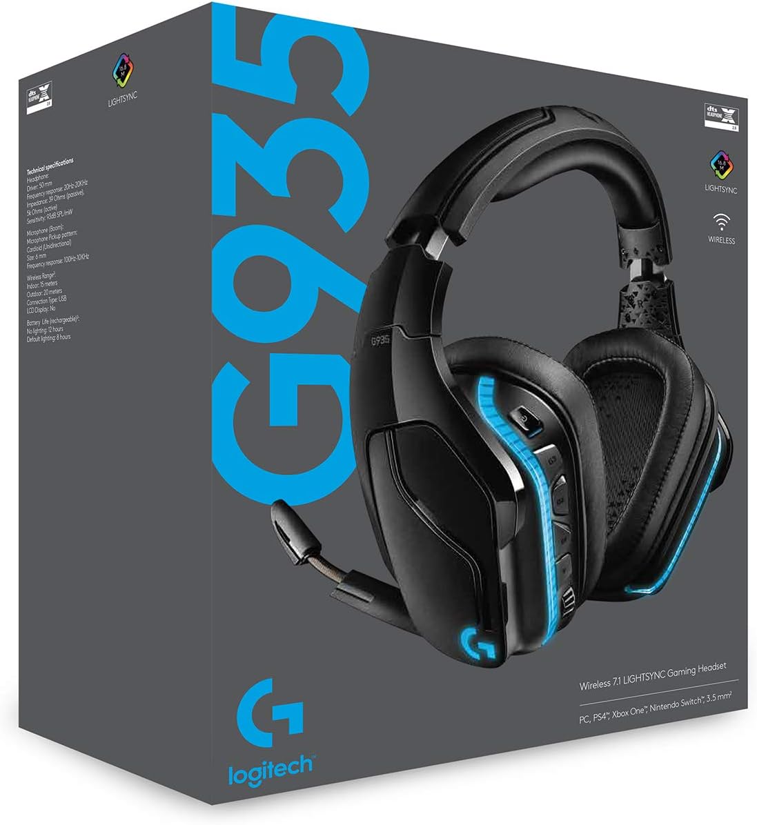 Logitech G935 Wireless DTS:X 7.1 Surround Sound LIGHTSYNC RGB PC Gaming Headset - Black/Blue