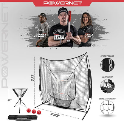 7X7 DLX Practice Net + Deluxe Tee + Ball Caddy + 3 Pack Weighted Ball + Strike Zone Bundle | Baseball Softball Coach Pack | Pitching Batting Training Equipment Set | 7' X 7'