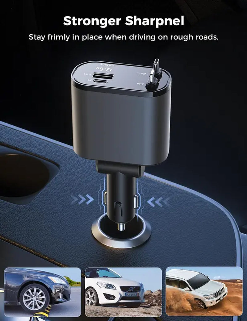 Retractable Car Charger, 4 in 1 Fast Car Phone Charger 66W, Retractable Cables and USB Car Charger,Compatible with Iphone 15/14/13/12/11,Galaxy,Pixel