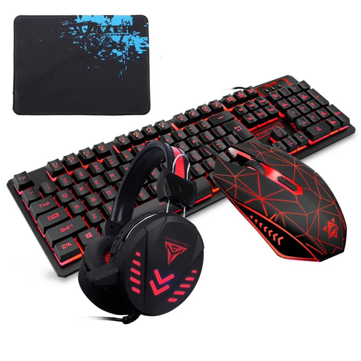 Gaming Keyboard and Mouse Combo with Headset, K59 RGB Backlit 3 Colors Keyboard, 6 Button 4DPI USB Wired Gaming Mouse, Lighted Gaming Headset with Microphone Set for Gamer
