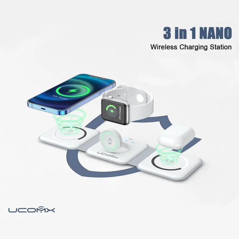 Awwpicks UCOMX Nano 3 in 1 Wireless Charger for Iphone, Not Suitable for Android, Magnetic Foldable 3 in 1 Charging Station, Travel Charger for Multple Devices for Iphone 15/14/13/12, for Airpods 3/Pro/Pro 2, for Iwatch, Christmas Gifts