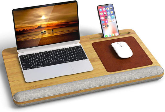Laptop Desk, Bamboo Lap Desk for Laptop, Laptop Pad with Vent Holes, Built in Mouse Pad & Device Ledge, Pen & Phone Holder -Fits up to 17 Inches Laptop Desks