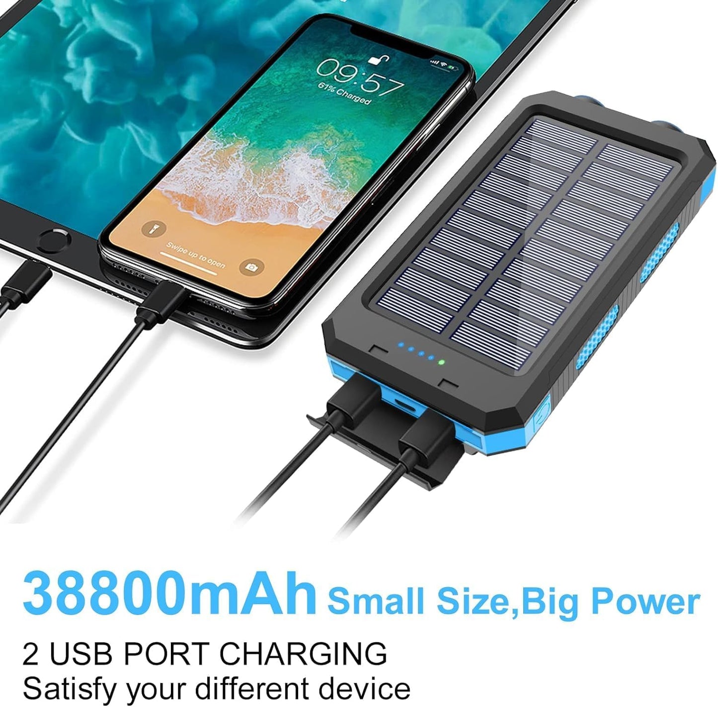 Solar Charger Power Bank, 38800Mah Portable Charger Fast Charger Dual USB Port Built-In Led Flashlight and Compass for All Cell Phone and Electronic Devices