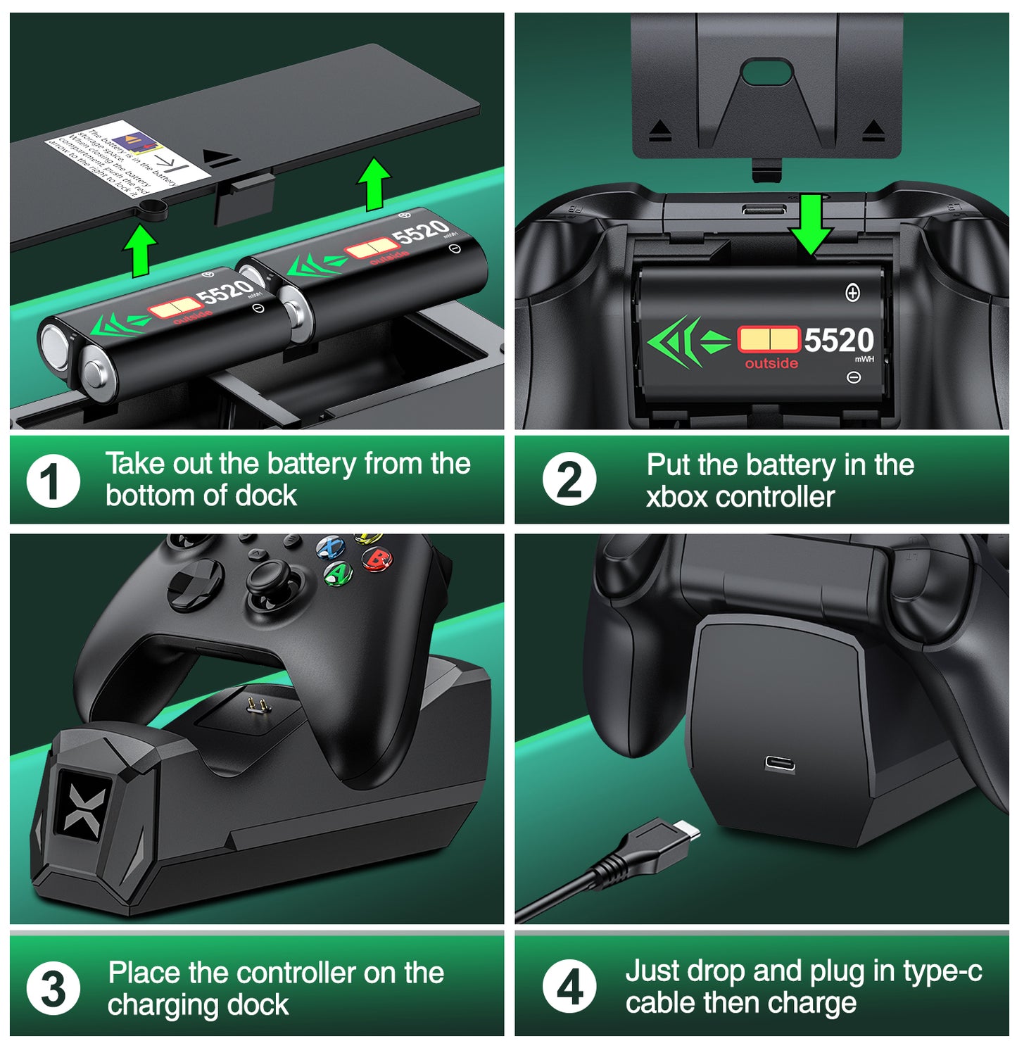 Xbox Controller Charger Station, Charging Dock with 2 X5220Mwh (2550Mah)Rechargeable Battery Pack for Xbox Series S/Xbox One X/One S/Xbox Elite/ Xbox Series X Controller,Black